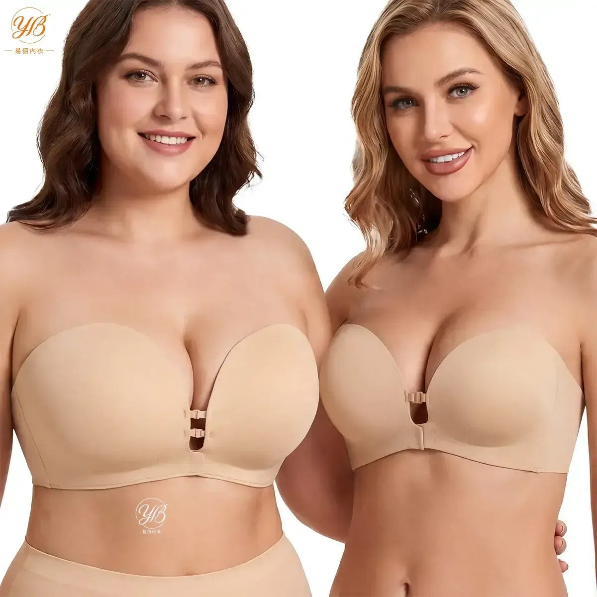 Plus Size Strapless Front Closure Bra for Women, Non-Slip Wireless Push Up Supportive Seamless Padded Underwear