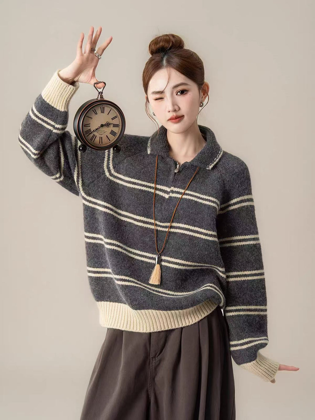 striped half-zip stand-up collar knit pullover,  versatile youthful feminine sweater for women