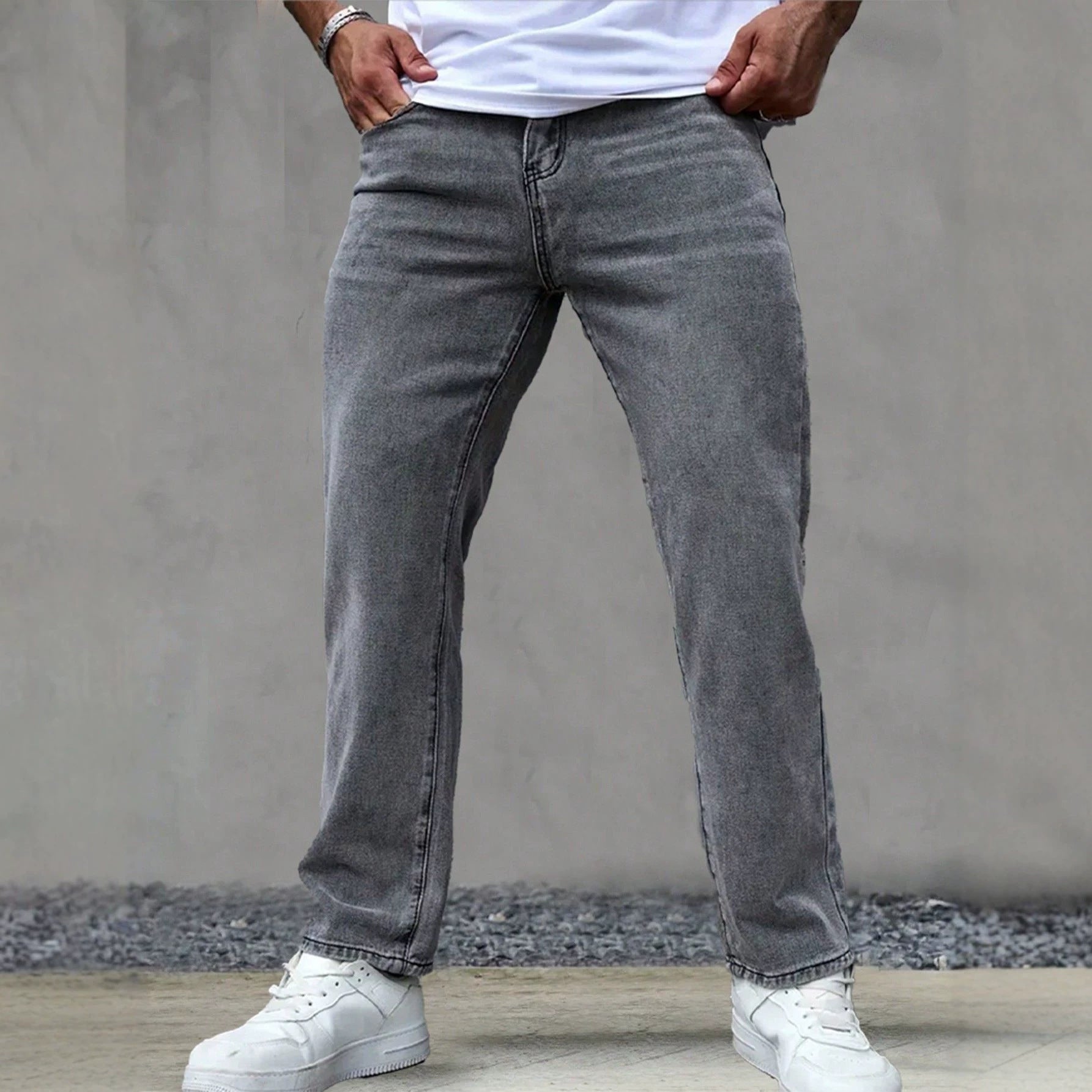 Casual Gray Washed Vintage Denim Pants for Men Fashionable Retro Design Summer Style