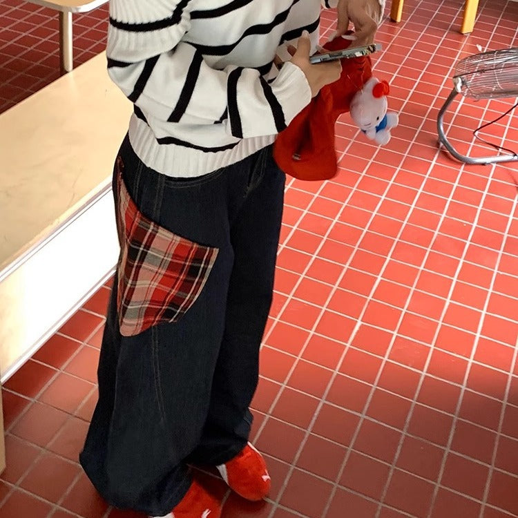 Style Unique Design Plaid Patchwork Denim Pants Men Baggy Loose Washed Straight Leg Wide Leg Pants