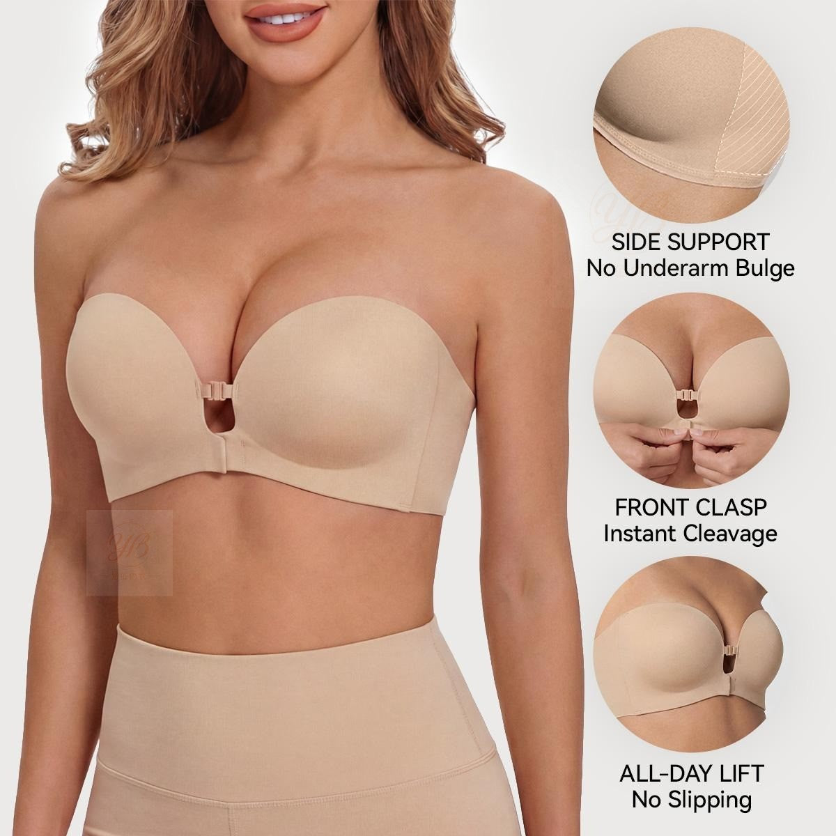 Plus Size Strapless Front Closure Bra for Women, Non-Slip Wireless Push Up Supportive Seamless Padded Underwear