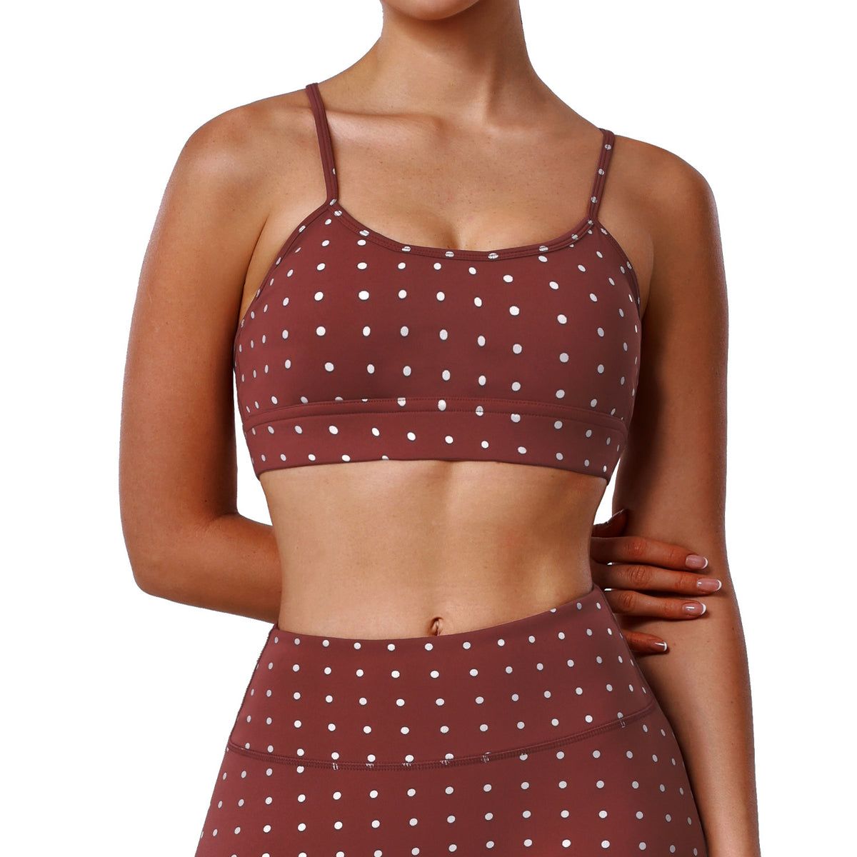 Padded Shockproof Silver-Print Polka Dot Yoga Bra, Thin Straps, High Elastic Sports Bra for Dance and Fitness