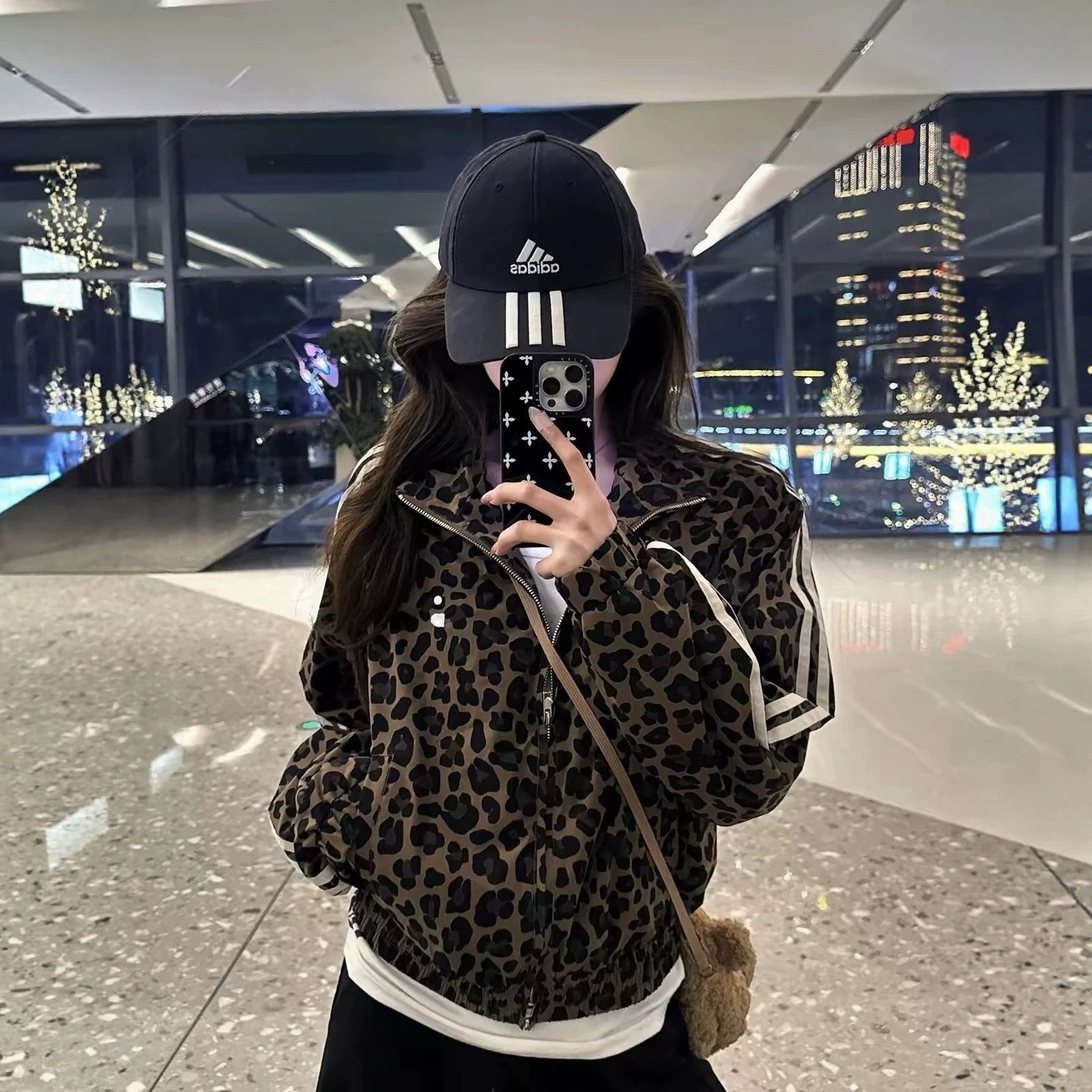 Retro Leopard Print Stand Collar Zip-Up Hoodie for Women