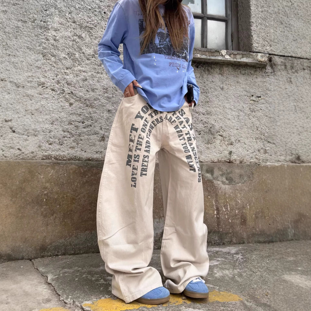 Casual  Street Style Printed Letter Loose Wide-Leg Denim Pants for Men and Women