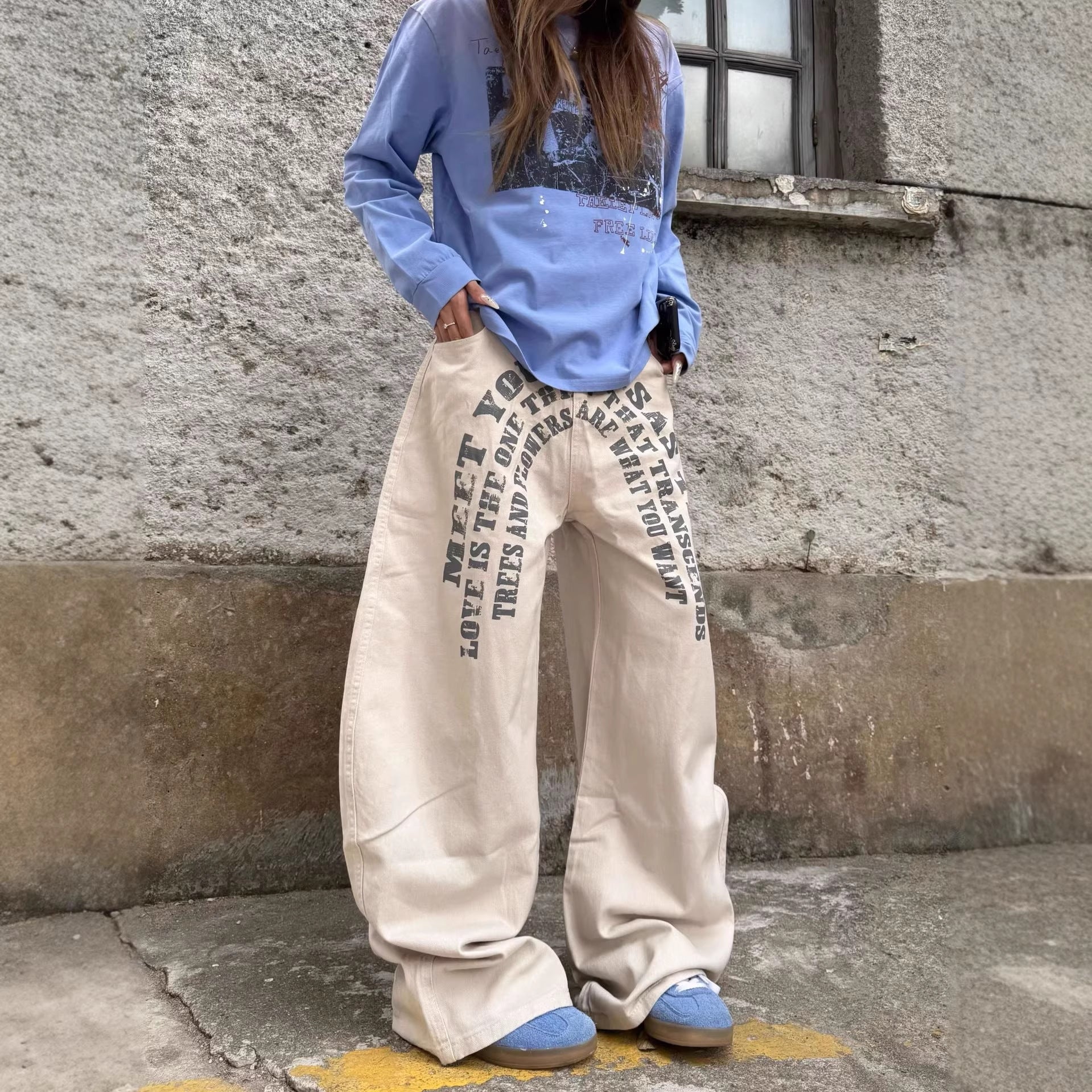 Casual  Street Style Printed Letter Loose Wide-Leg Denim Pants for Men and Women