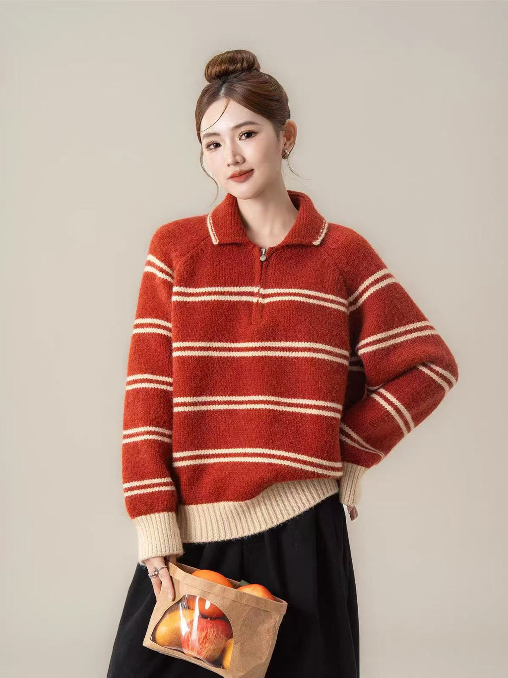 striped half-zip stand-up collar knit pullover,  versatile youthful feminine sweater for women