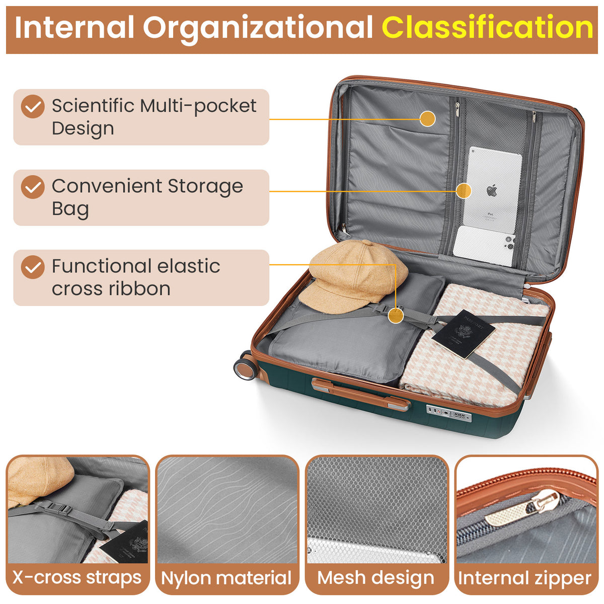 Luggage set of 4 pieces (14/20/24/28) with 4 360 degree silent rotating wheels made of PP material and durable TSA lock