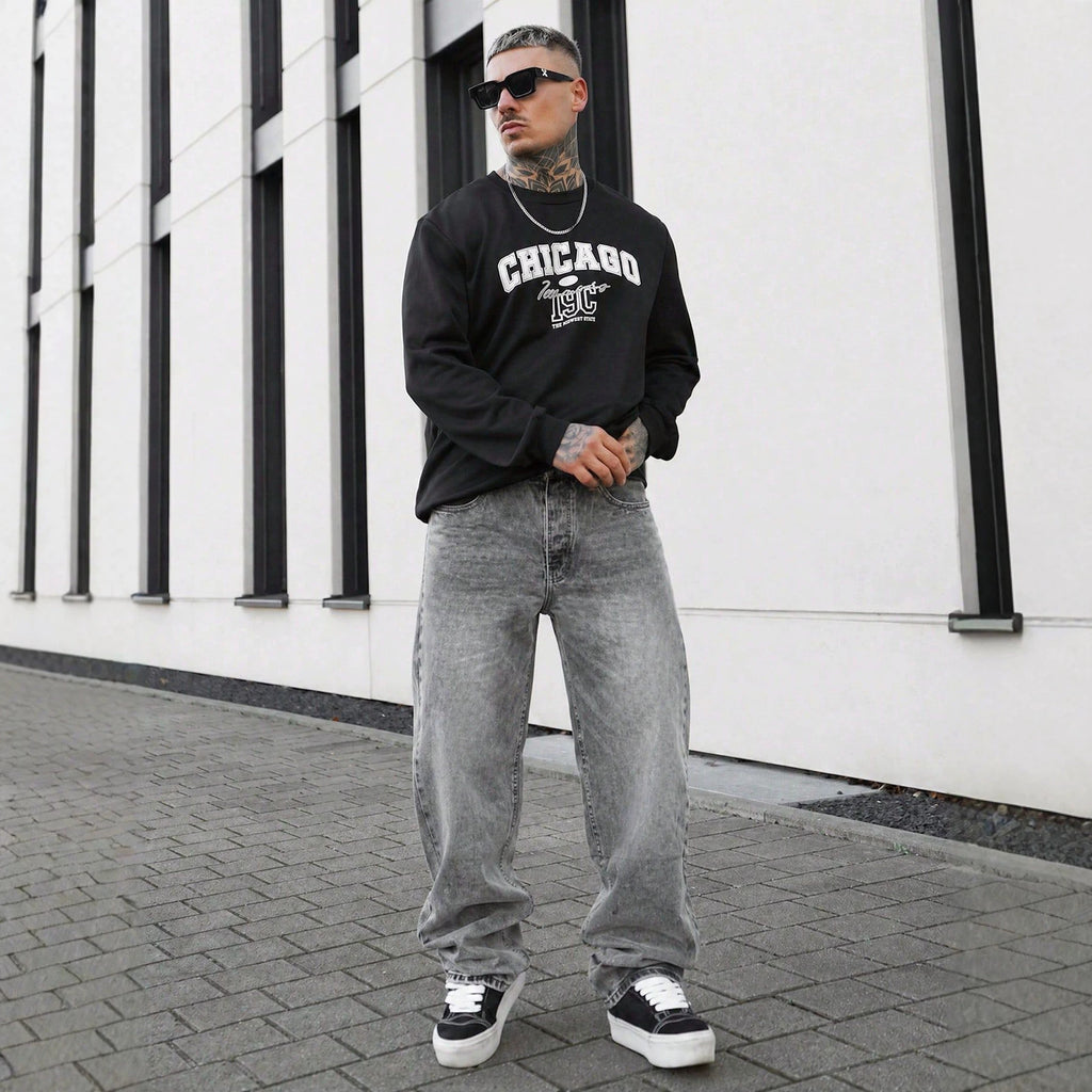 Comfortable Casual Men's Distressed Washed Gray Jeans for Daily Fashion and Commute