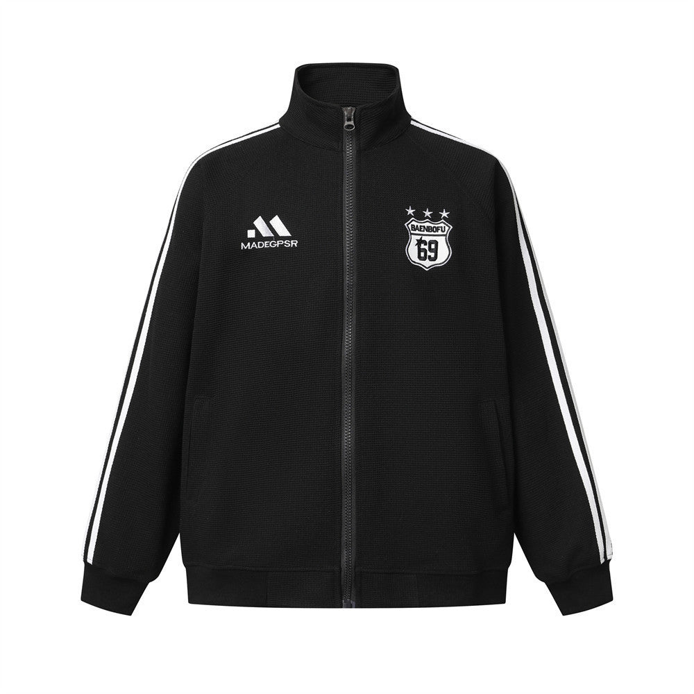 Ribbon splicing three bar standing collar sweatshirt sports suit