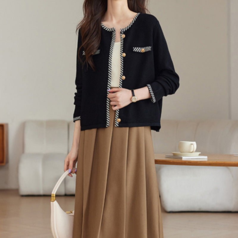 Chic Cashmere Knit Cardigan for Women, Round Neck, Knitted Sweater Coat