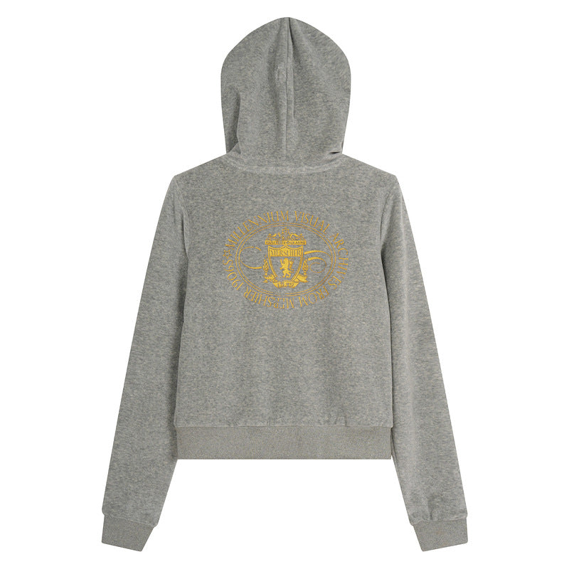 Hemp gray short hooded sweatshirt with gold badge and letter printed jacket on the back