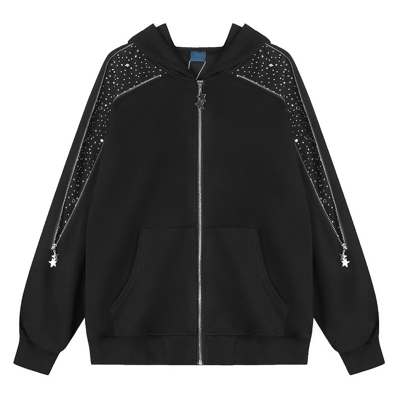 Black sparkling diamond zipper hooded cardigan for women