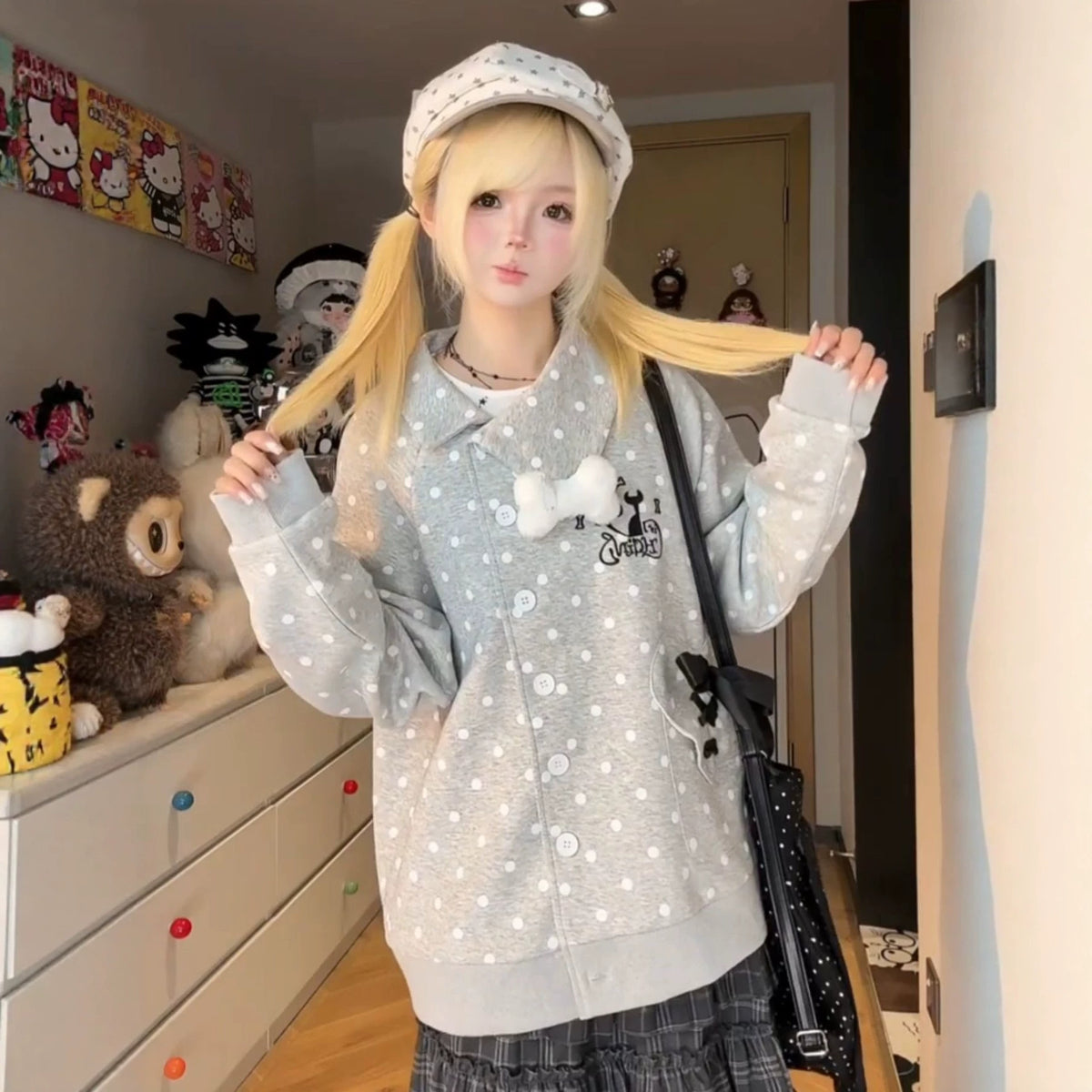 polka dot bow irregular placket coat, unique design lapel cardigan