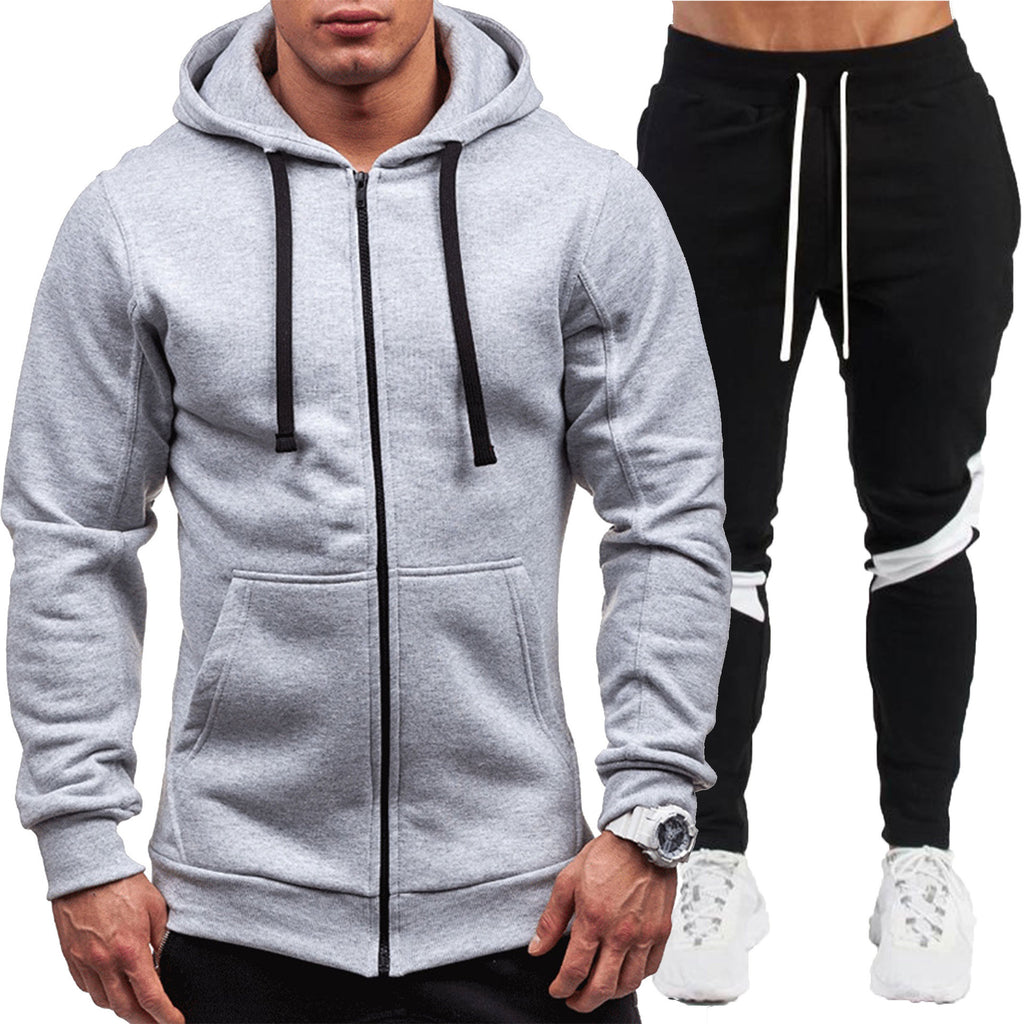 Zipped Loose Outerwear Hoodie Fitness Wear Casual Sport Long Pants Set for Men