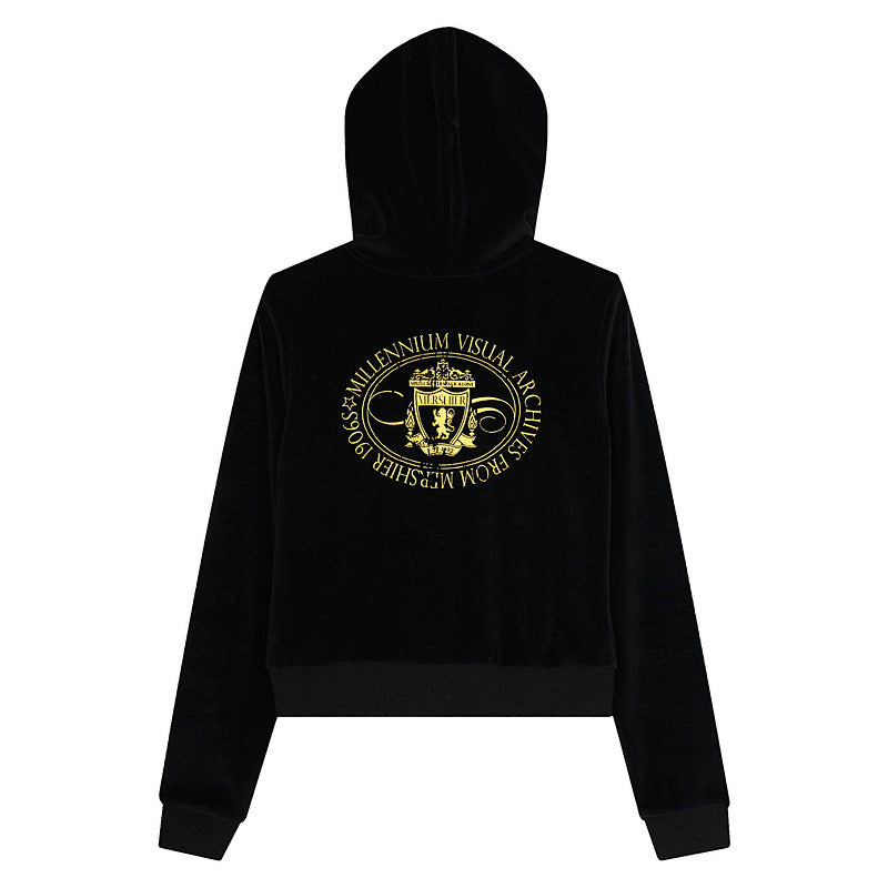 Hemp gray short hooded sweatshirt with gold badge and letter printed jacket on the back