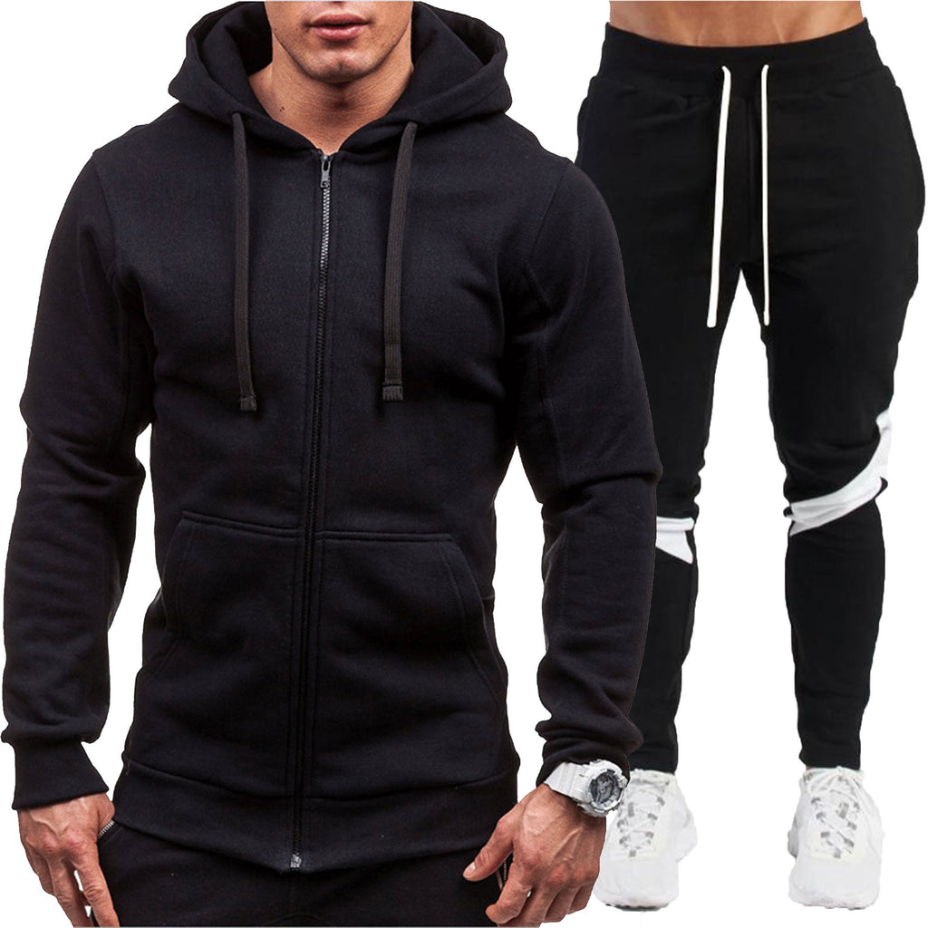 Zipped Loose Outerwear Hoodie Fitness Wear Casual Sport Long Pants Set for Men
