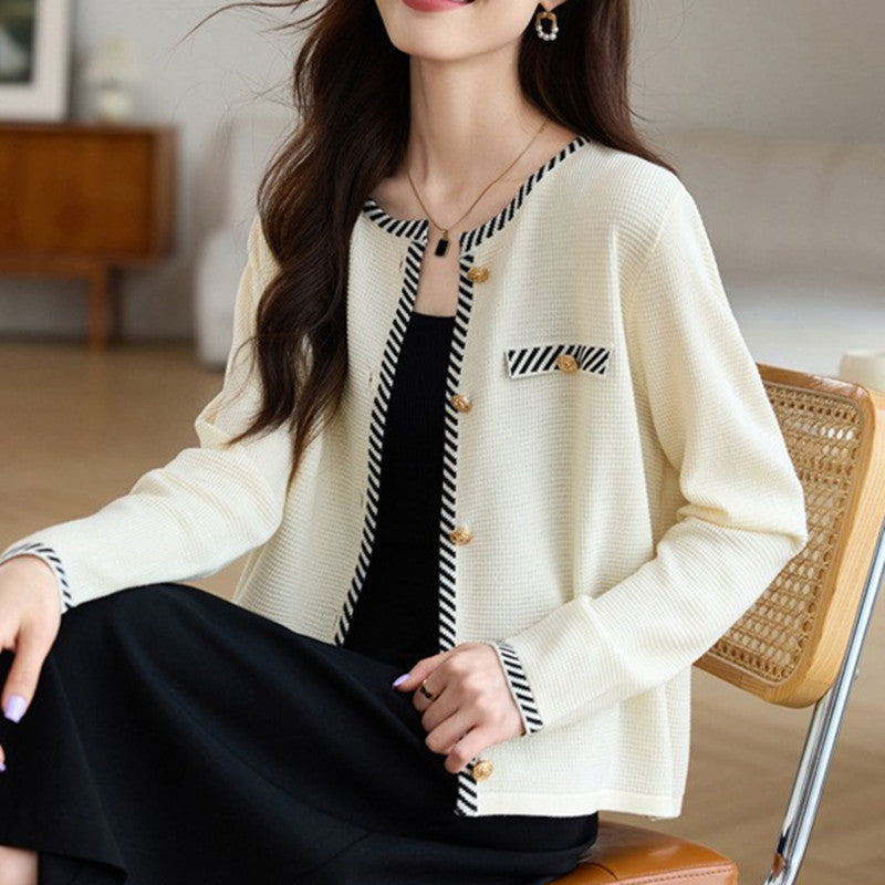Chic Cashmere Knit Cardigan for Women, Round Neck, Knitted Sweater Coat