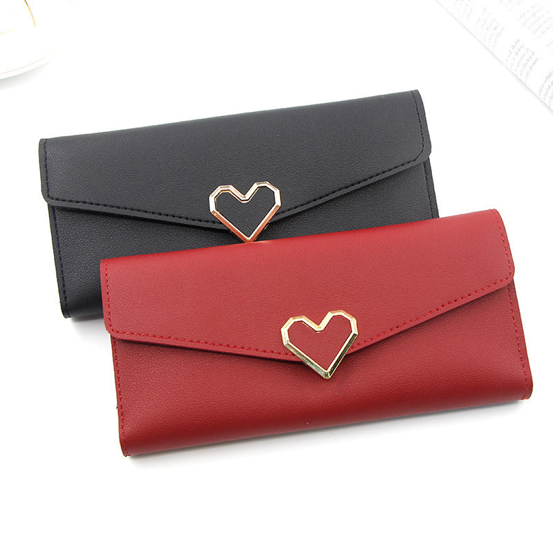 Long plain heart-shaped leather wallet with multiple card slots buckle wallet large capacity hand-held bag