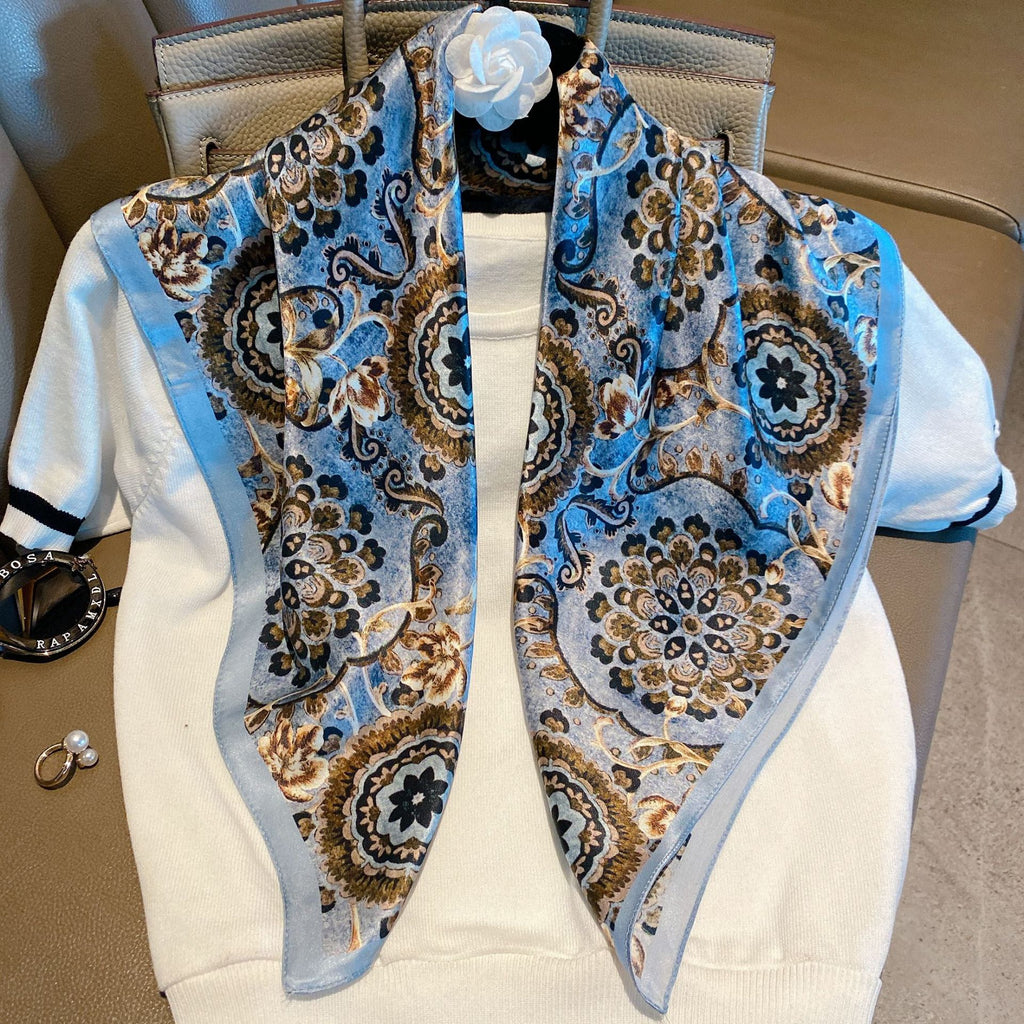 Vintage Ethnic Pattern Silk Scarf for Women, Pure Satin Silk Gift Square Scarf, Mulberry Silk Scarf