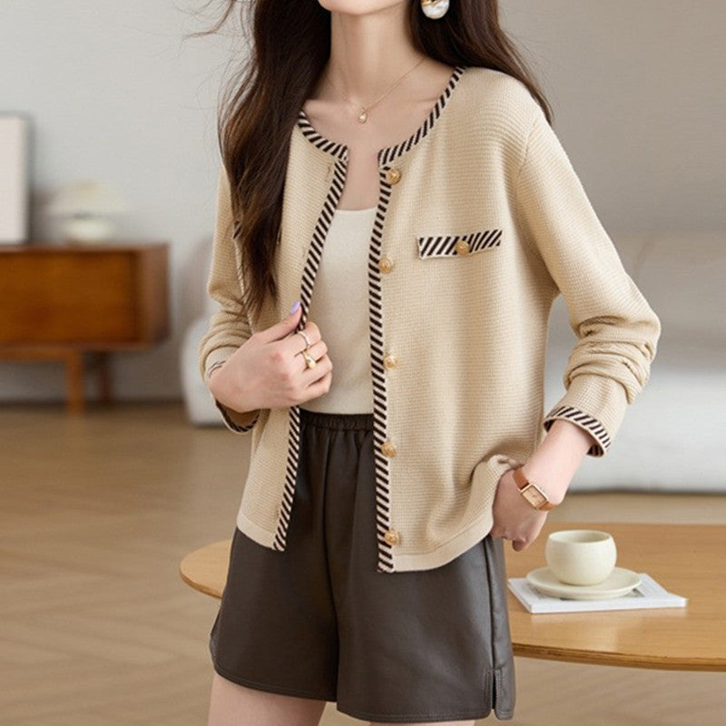 Chic Cashmere Knit Cardigan for Women, Round Neck, Knitted Sweater Coat