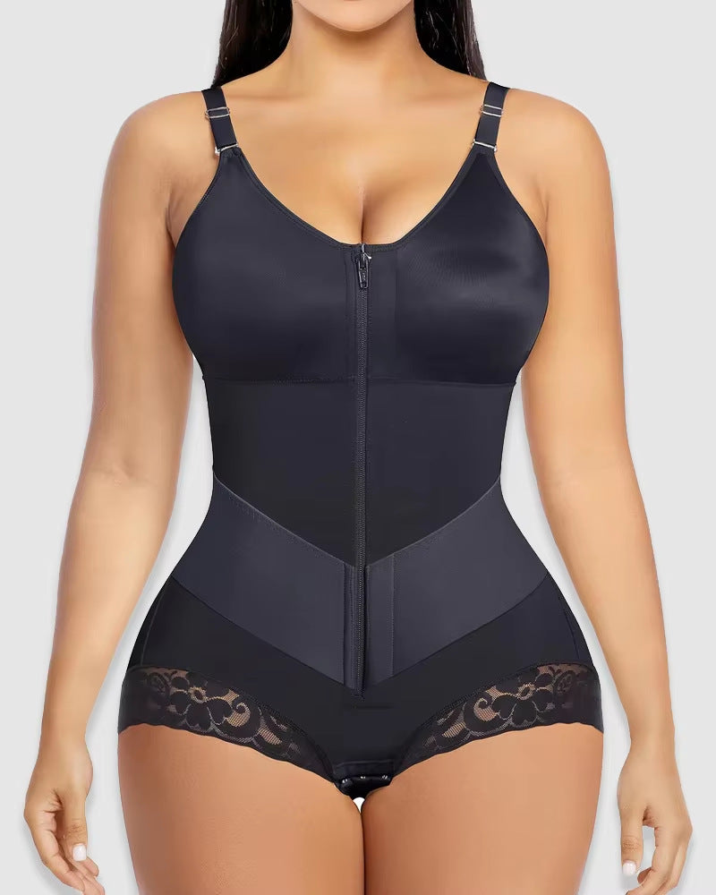 High Waist Lace Trim Shapewear Brief with Thin Straps, Front Zip Diagonal Elastic Waist