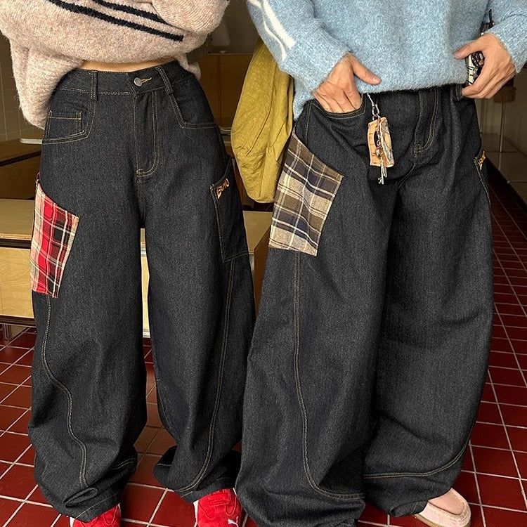 Style Unique Design Plaid Patchwork Denim Pants Men Baggy Loose Washed Straight Leg Wide Leg Pants