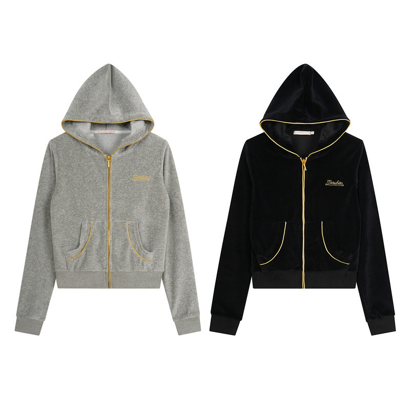 Hemp gray short hooded sweatshirt with gold badge and letter printed jacket on the back