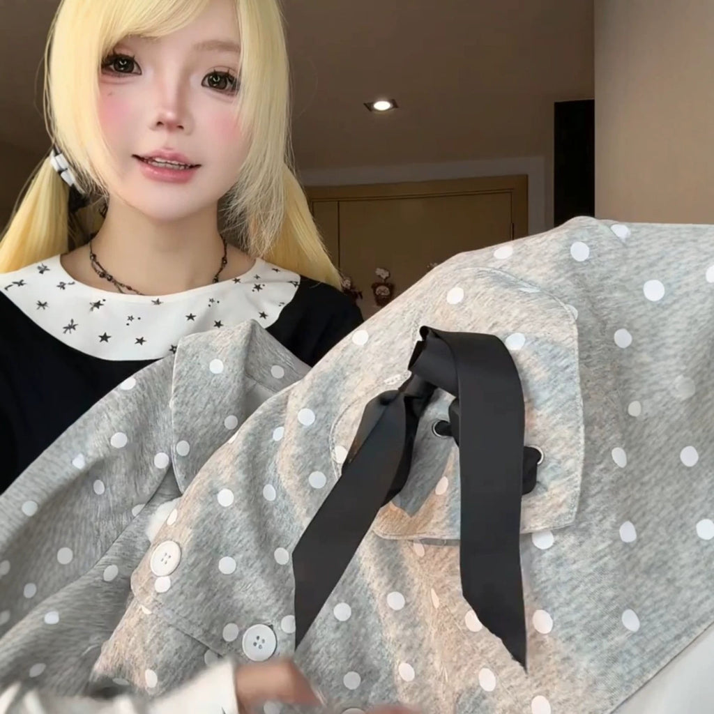 polka dot bow irregular placket coat, unique design lapel cardigan