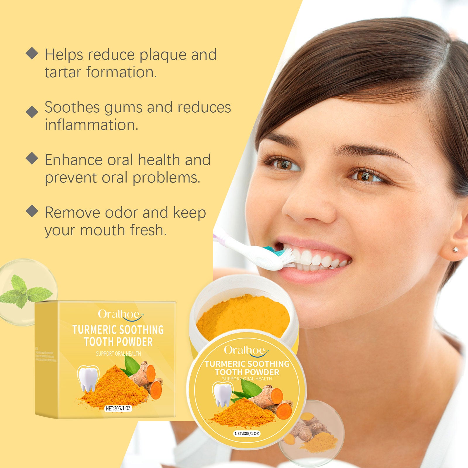 Oralhoe Turmeric Care Dental Powder Teeth Cleaning Turmeric Clean White Confident Smile Care Oral Care
