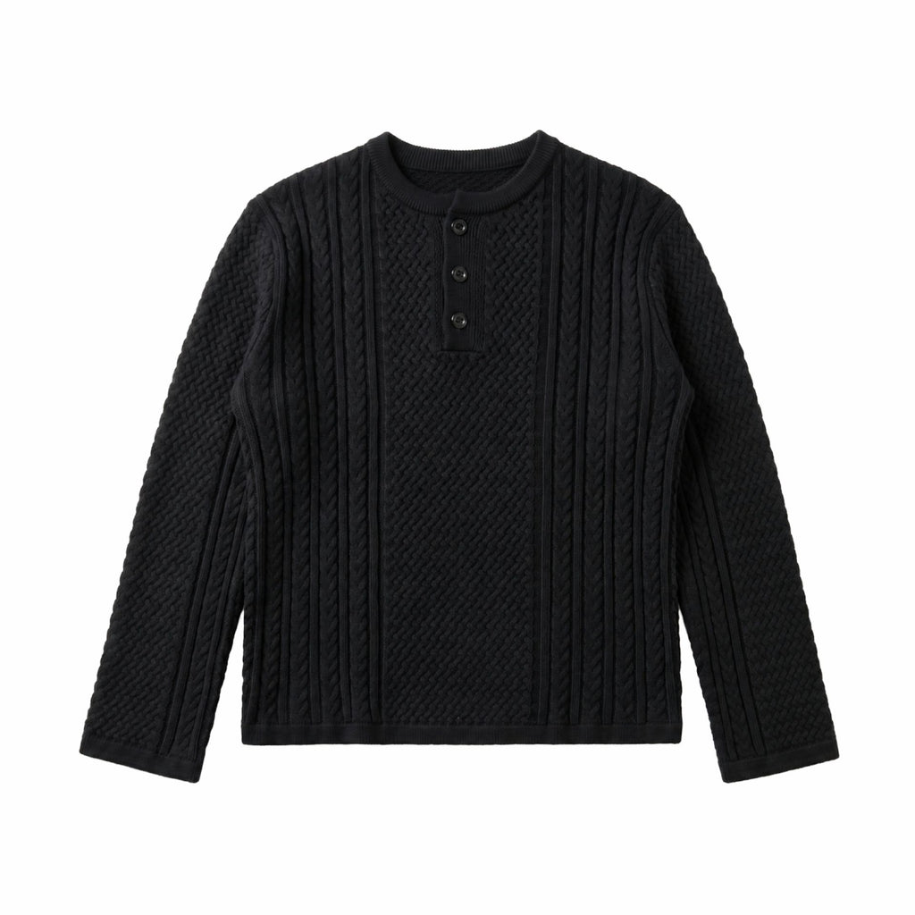 Pattern Henley Neck Coarse Knit Cable Knit Long Sleeve Sweater Men