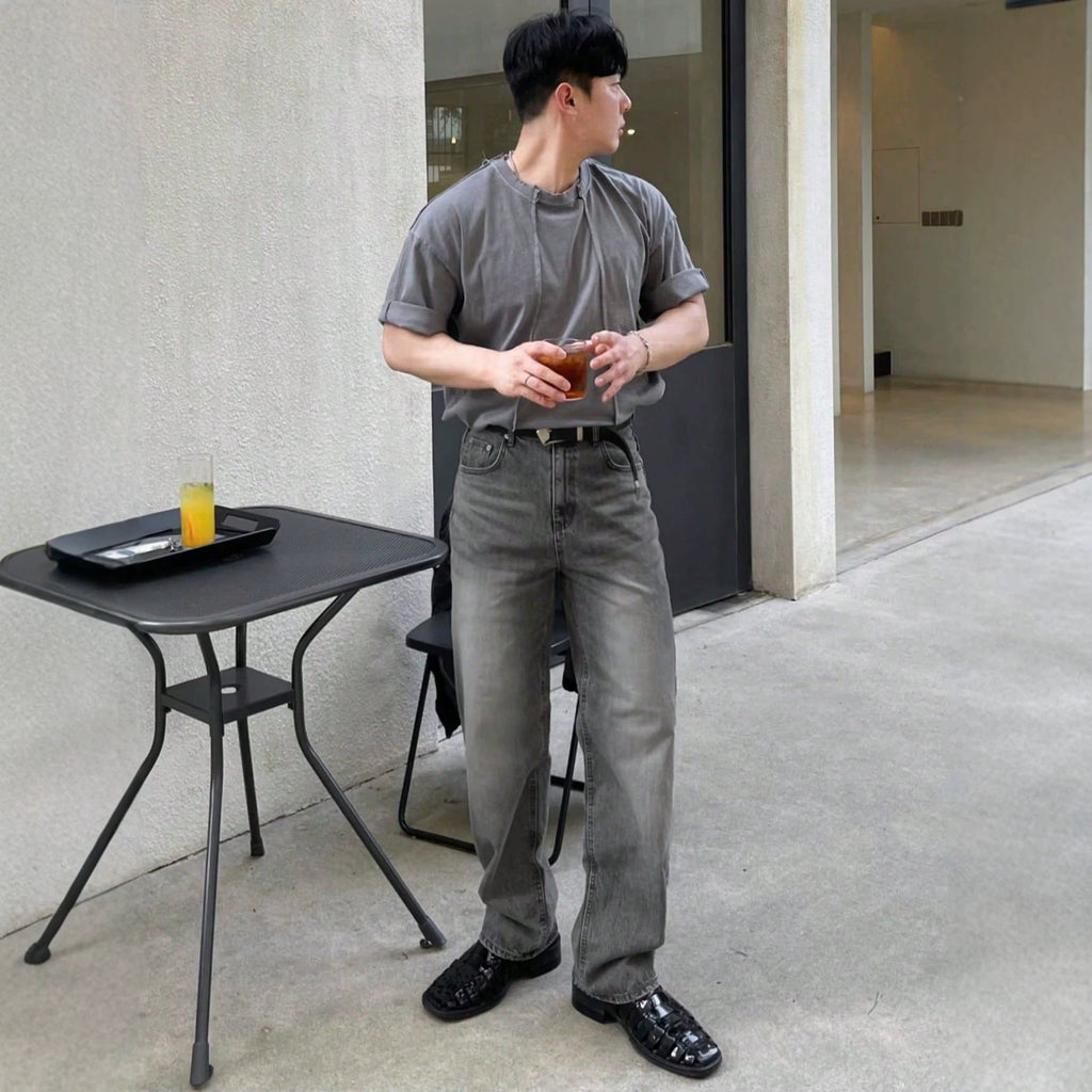 Design Sense Casual Pants for Men Summer Washed Grey Vintage Denim Jeans