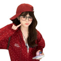 Casual Loose Zip-Up Hoodie with Red Polka Dots Long Sleeve for Girls