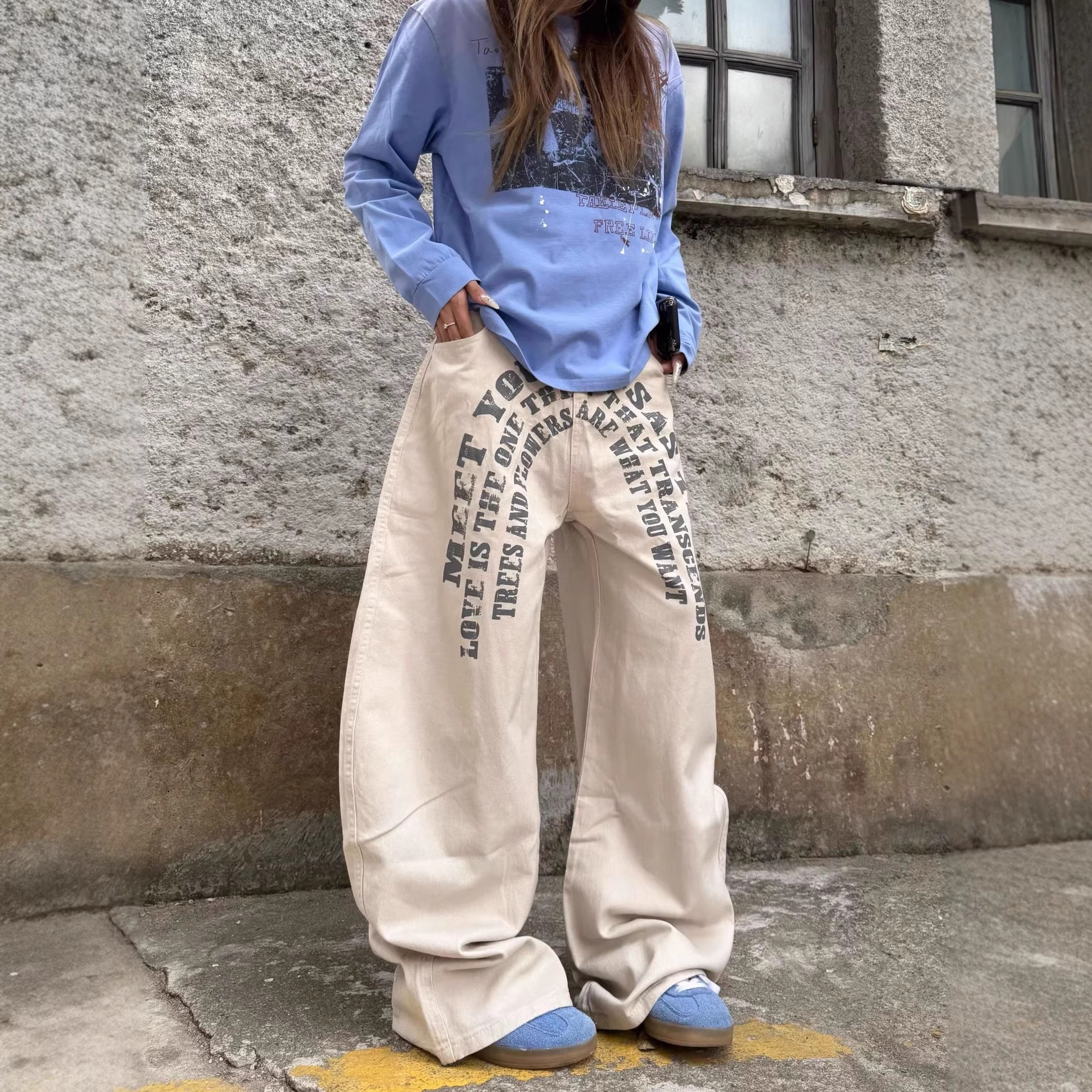 Casual  Street Style Printed Letter Loose Wide-Leg Denim Pants for Men and Women
