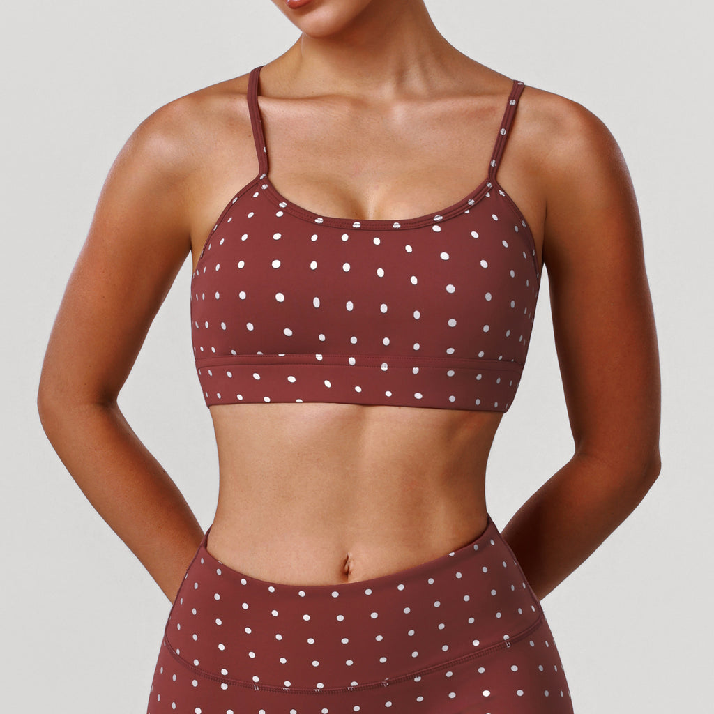 Padded Shockproof Silver-Print Polka Dot Yoga Bra, Thin Straps, High Elastic Sports Bra for Dance and Fitness