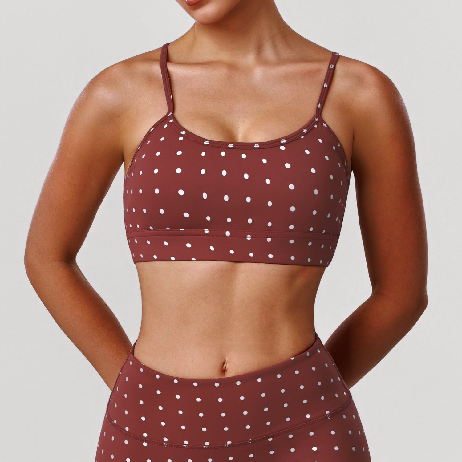 Padded Shockproof Silver-Print Polka Dot Yoga Bra, Thin Straps, High Elastic Sports Bra for Dance and Fitness