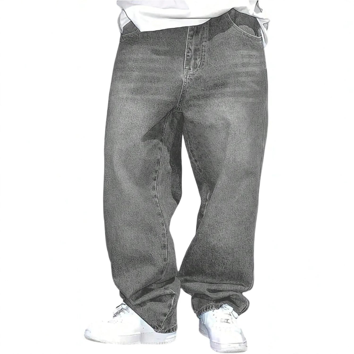 Casual Gray Men's Jeans with Distressed Design, Fashion Washed Vintage Look, Summer Style Pants