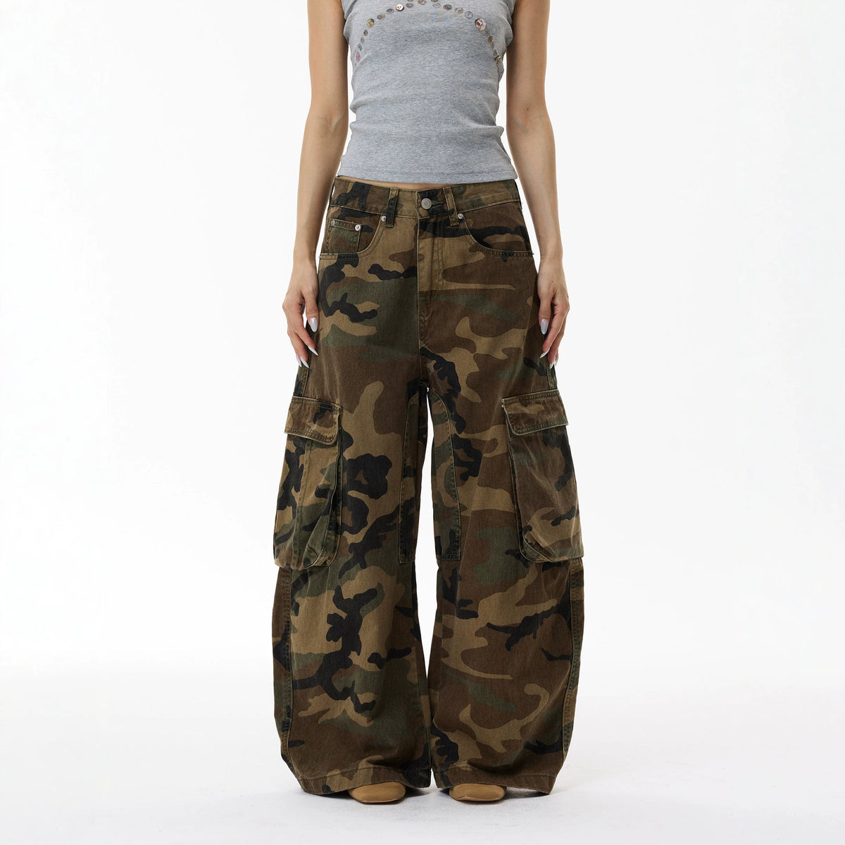 Vintage Street Washed Pocket Knife Camouflage Cargo Pants Men's INS Fashion Wide Leg Jeans Long Pants