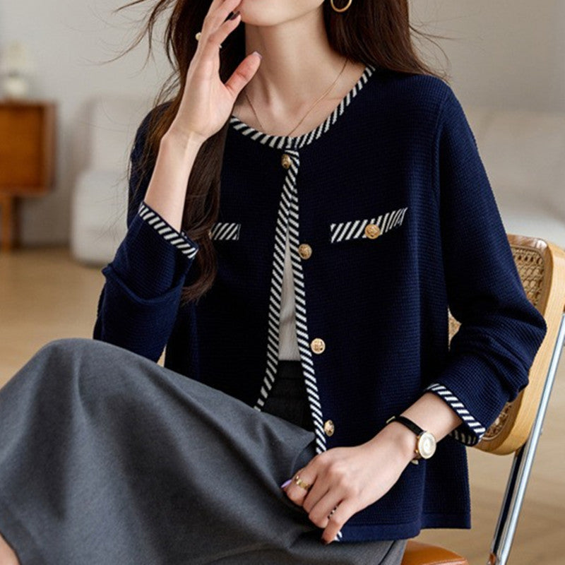 Chic Cashmere Knit Cardigan for Women, Round Neck, Knitted Sweater Coat