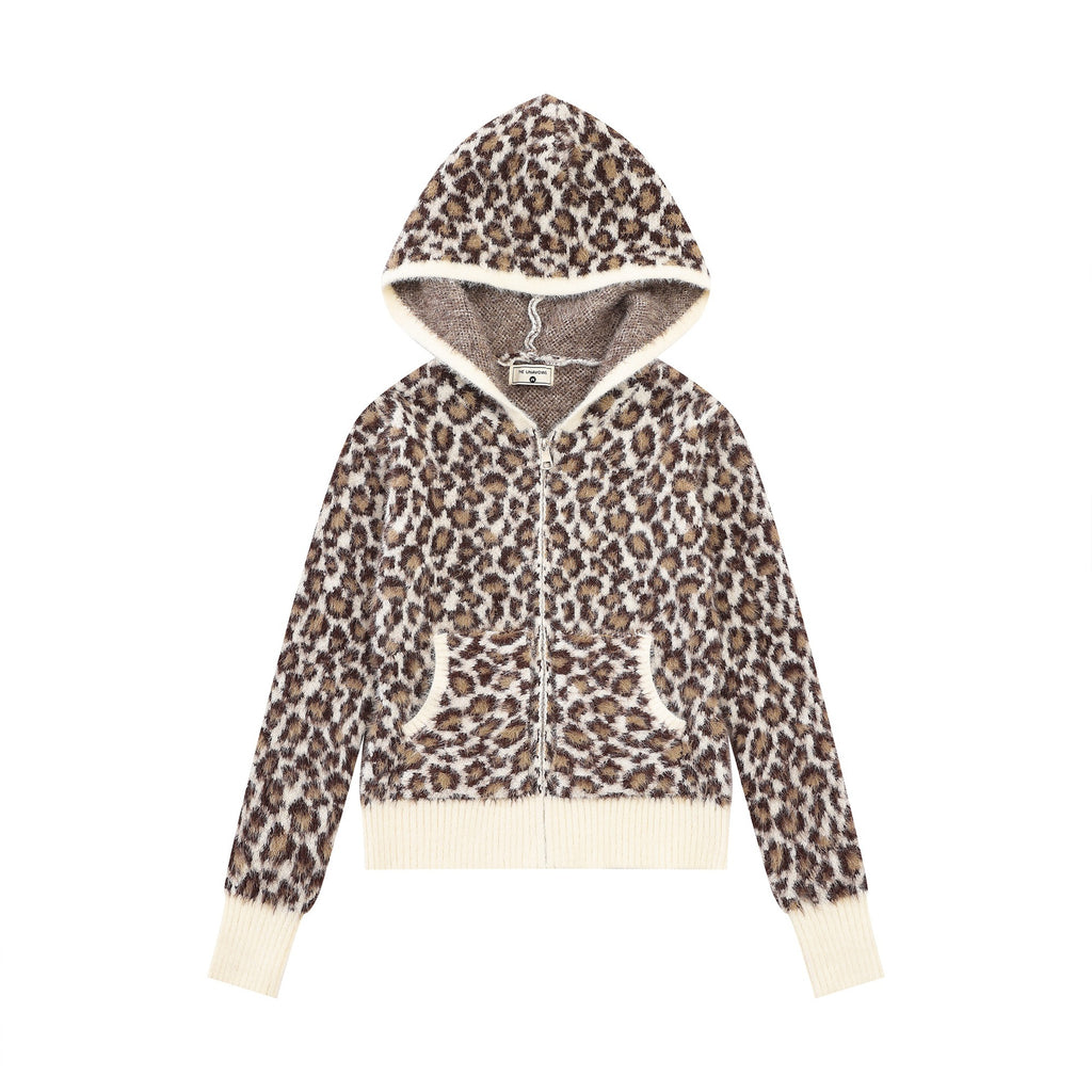 Hooded zipper leopard print sweater