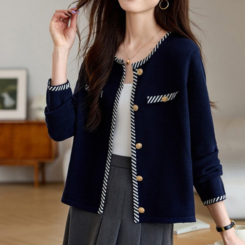 Chic Cashmere Knit Cardigan for Women, Round Neck, Knitted Sweater Coat