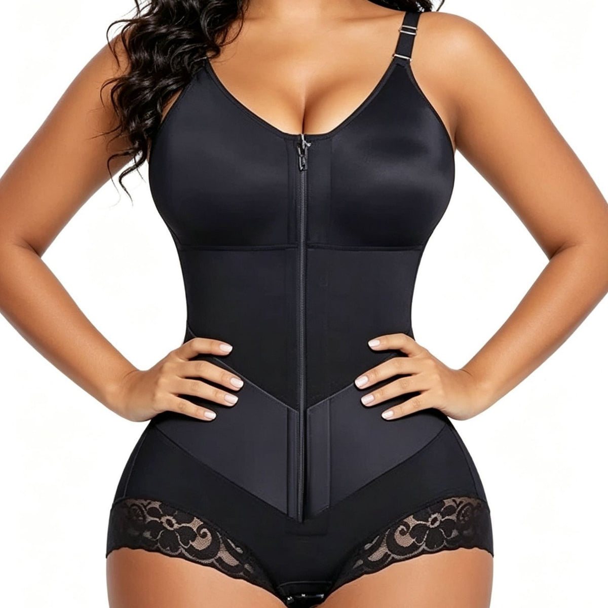 High Waist Lace Trim Shapewear Brief with Thin Straps, Front Zip Diagonal Elastic Waist