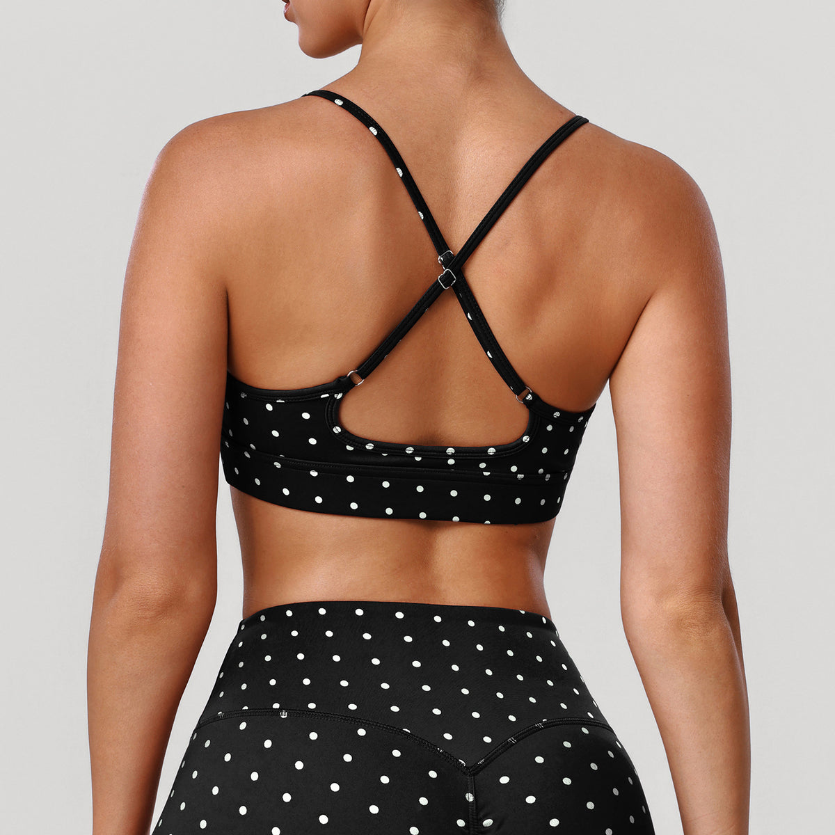 Padded Shockproof Silver-Print Polka Dot Yoga Bra, Thin Straps, High Elastic Sports Bra for Dance and Fitness