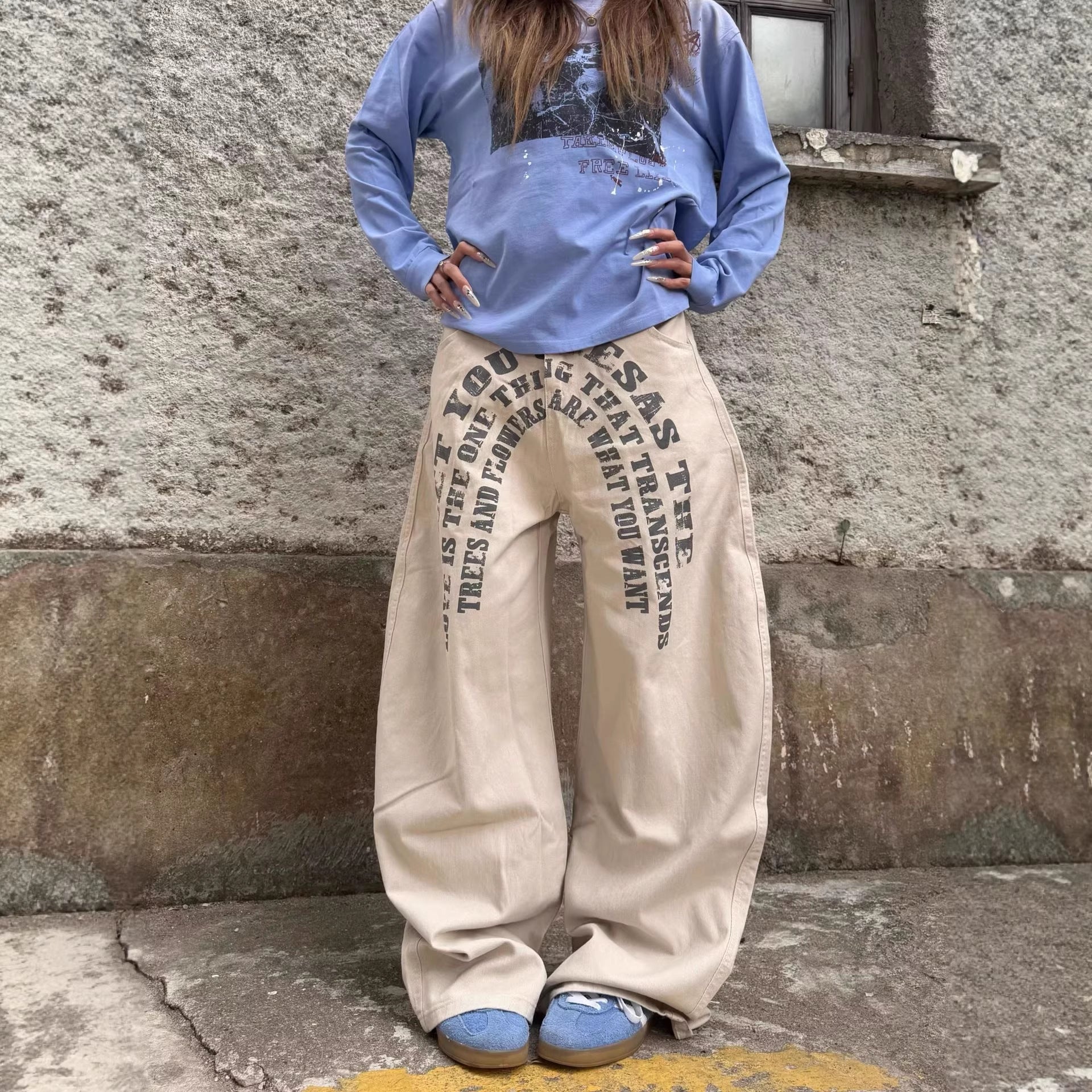 Casual  Street Style Printed Letter Loose Wide-Leg Denim Pants for Men and Women