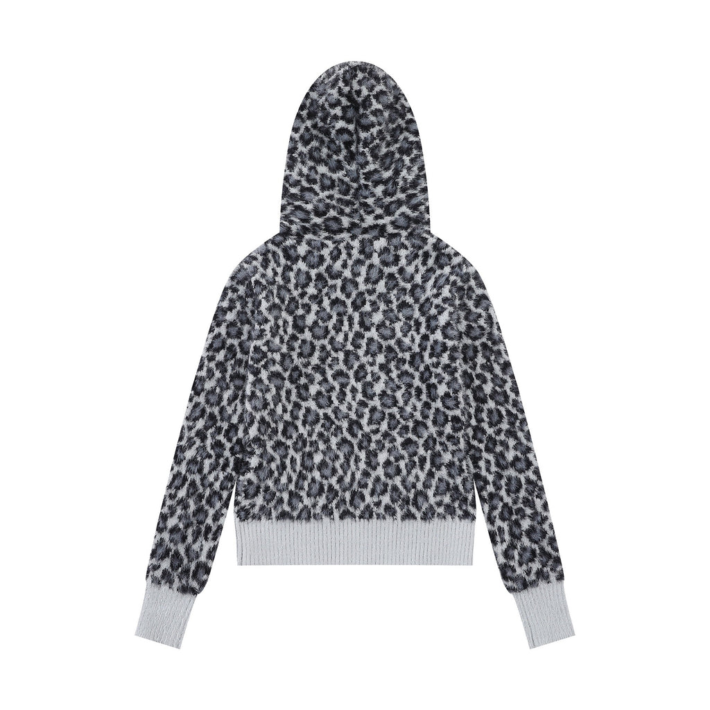 Hooded zipper leopard print sweater
