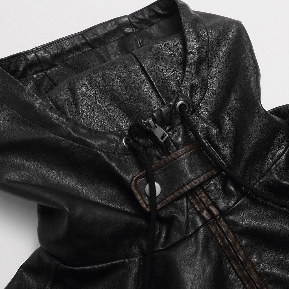 Rubbing edges to make old solid color PU leather jacket jacket