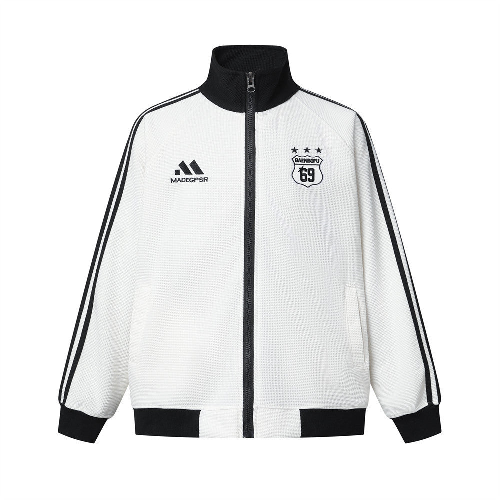 Ribbon splicing three bar standing collar sweatshirt sports suit