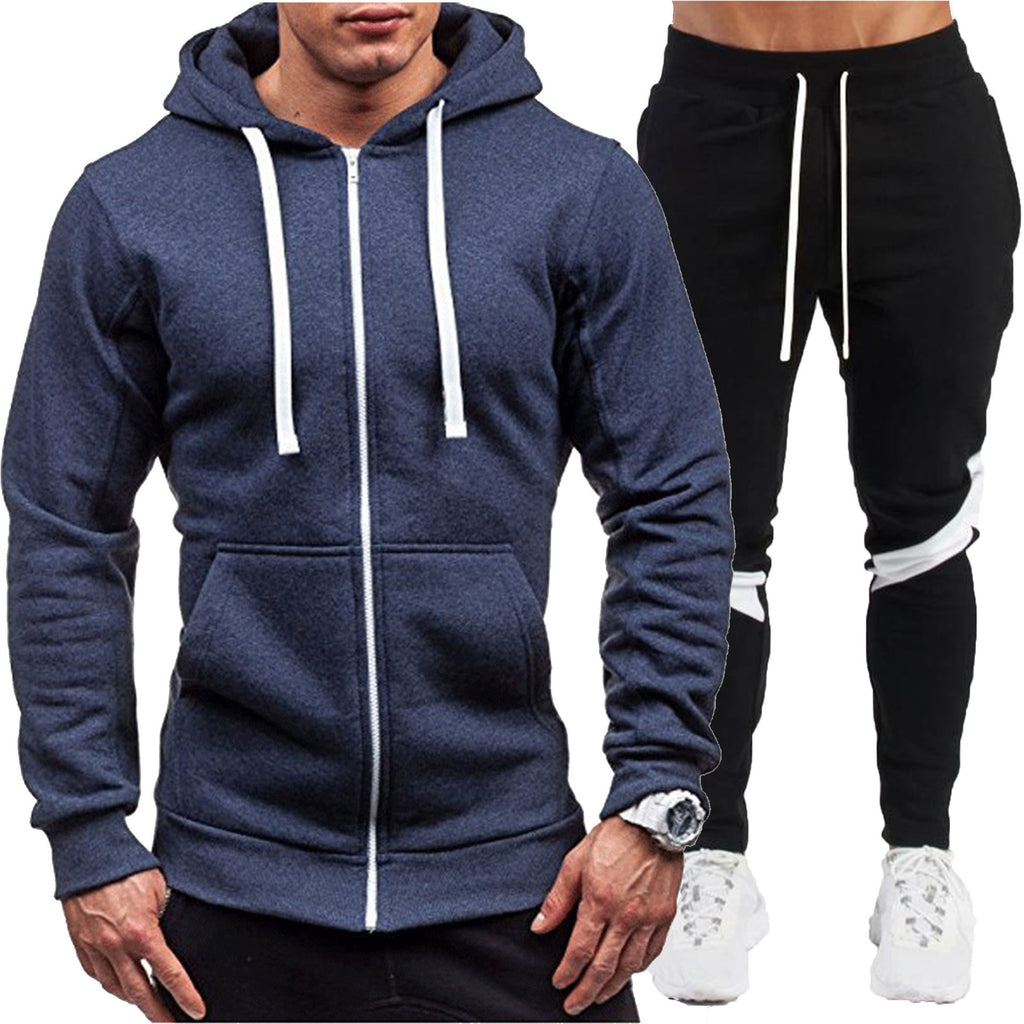 Zipped Loose Outerwear Hoodie Fitness Wear Casual Sport Long Pants Set for Men