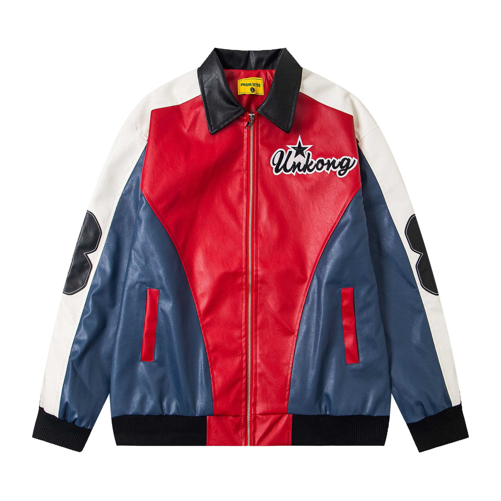Color blocked PU leather jacket