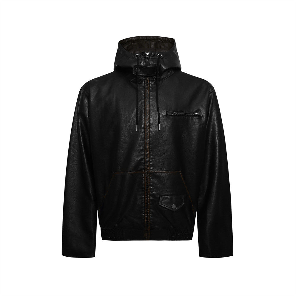 Rubbing edges to make old solid color PU leather jacket jacket