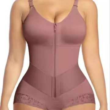 High Waist Lace Trim Shapewear Brief with Thin Straps, Front Zip Diagonal Elastic Waist